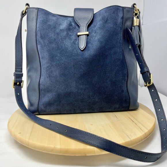 Talbots Shoulder Bag Navy Leather and Suede With Gold Detail & Leather Tassel - Picture 1 of 9